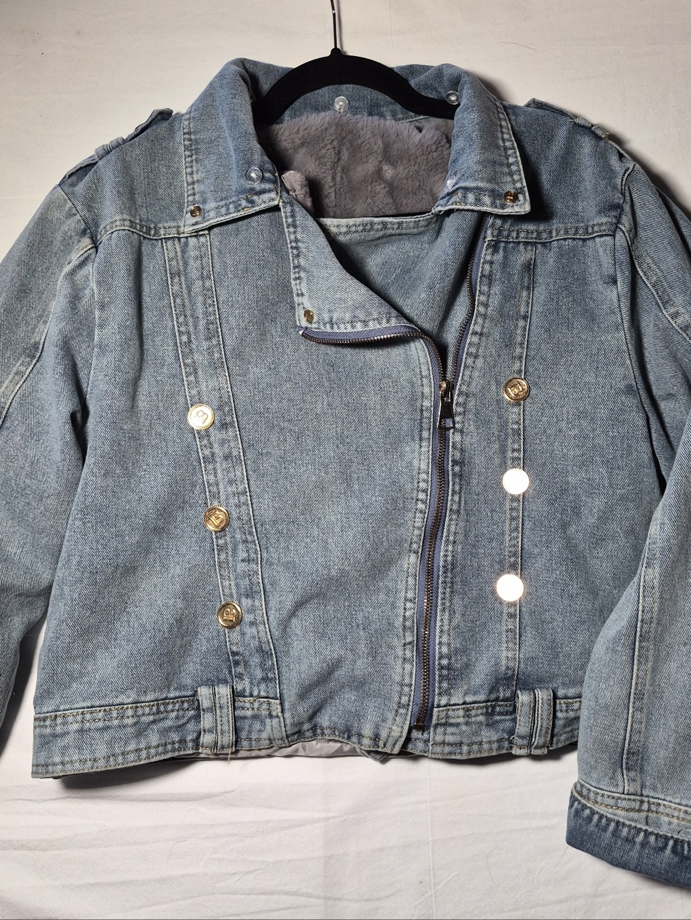 Light Blue Faux Fur-Lined Denim Jacket for Women L